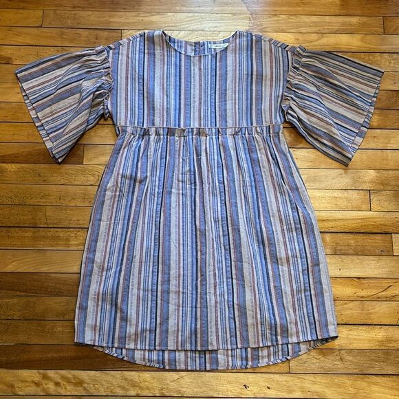 Andree by Unit Women’s blue and purple striped linen dress flare sleeve M - Picture 1 of 8